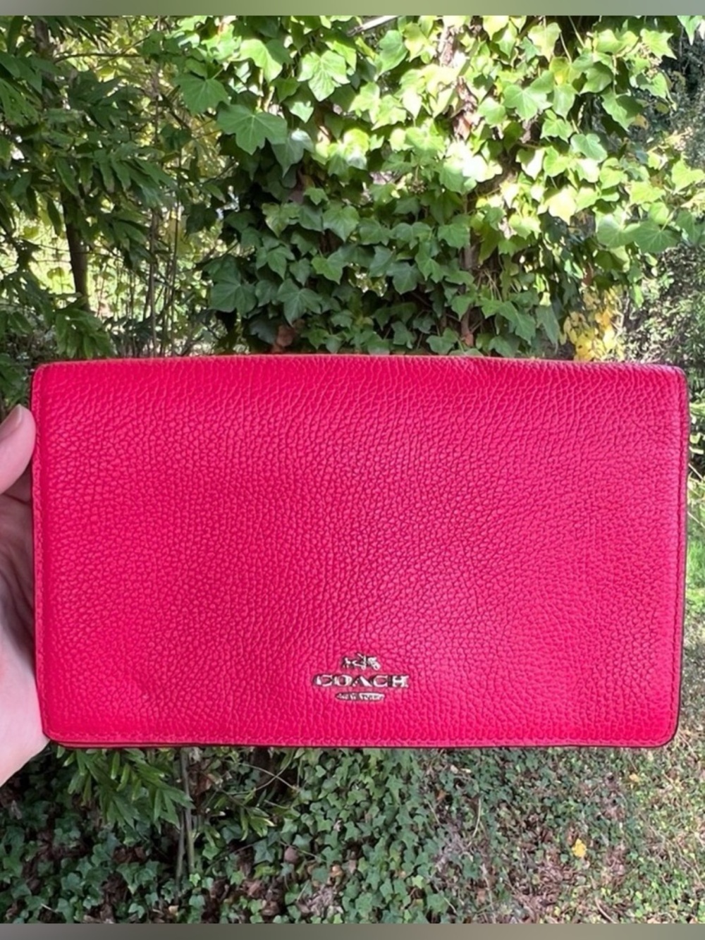 COACH Shoulder/Crossbody Purse Foldover Clutch Bag Pebble Leather Pink AUTHENTIC
